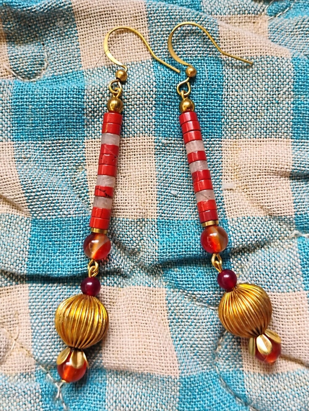 Handmade Carnelian, Sunstone, and Red Jasper Squash Blossom Inspired Earrings